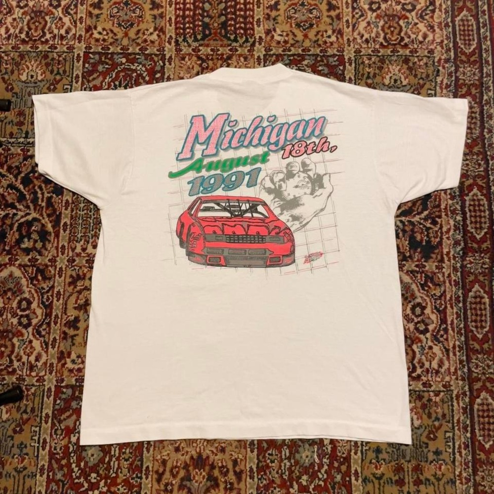 VTG 1991 Michigan Nascar stock car racing checker pattern tshirt XL‎ USA white